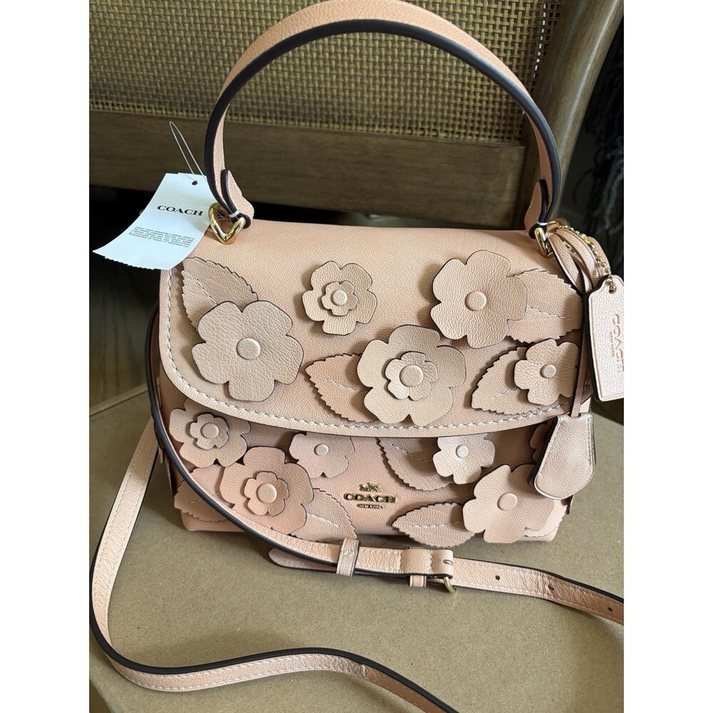 COACH CDY44 Emory Top Handle Crossbody Bag Floral Appliqué Light Pink Leather - Picture 4 of 6